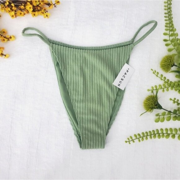 PACSUN Eco Green "Avalon" Terry Ribbed High Cut Bikini Bottom - Picture 2 of 11